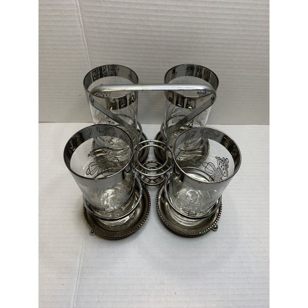 Vintage Silver Rim Highball Glasses Set of 4 with Crown Crest Caddy Coasters